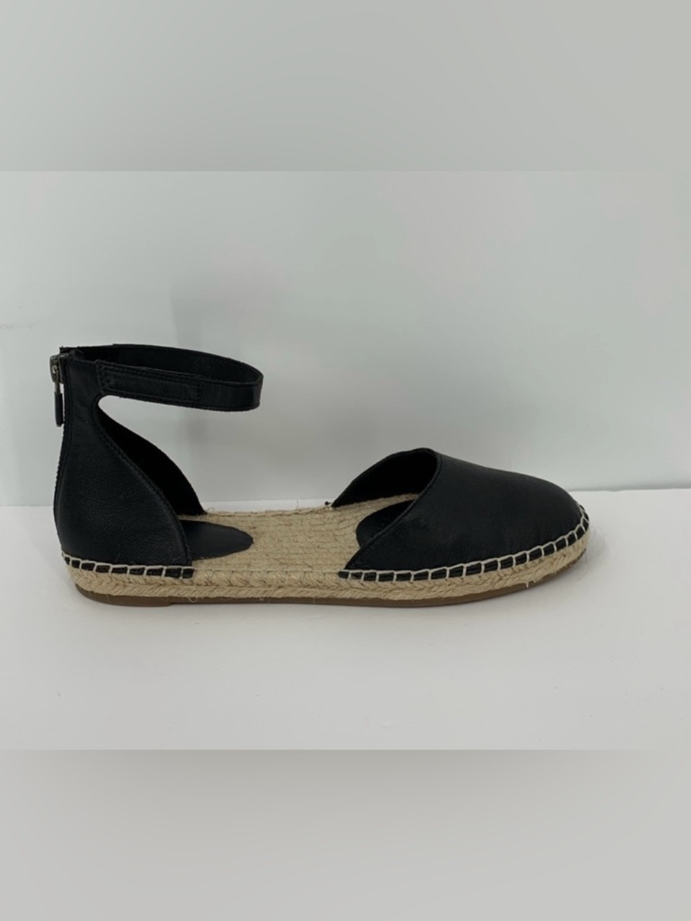 Eileen Fisher Lala Espadrille sandal shoe black leather ankle strap flat new 7